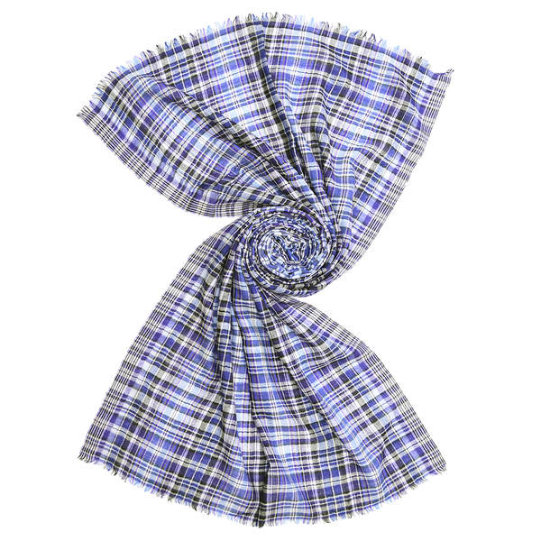 blue herringbone check pattern wool scarf