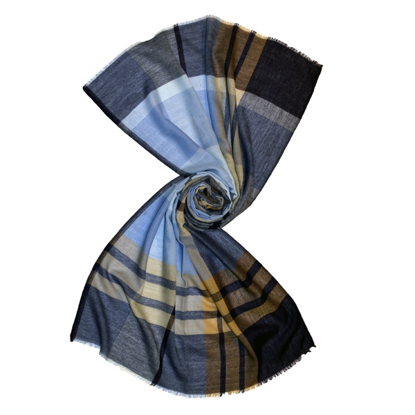 Blue tartan plaid check pattern scarf made from pure merino wool