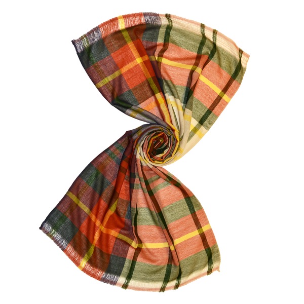Bright orange green tartan wool scarf for men