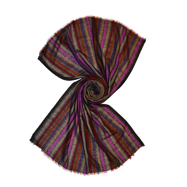 Burgundy herringbone wool scarf with multi color stripes made in india