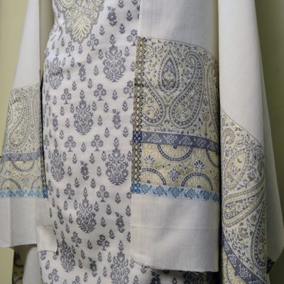White Kashmiri Kani Pashmina Suit with matching dupatta for winters