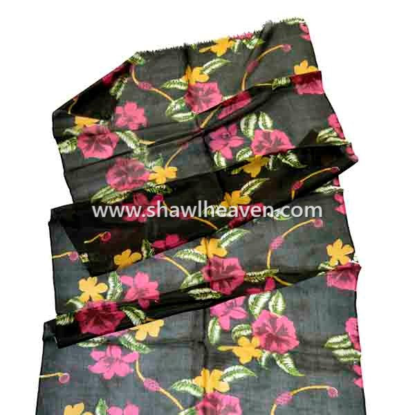 Hawaiian floral black silk stole scarf, buy printed scarves directly from manufacturer - Tri Star Overseas, Amritsar