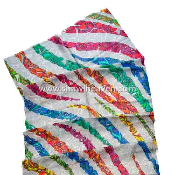 Multicolor tiger stripe paisley fusion print scarves in wool silk