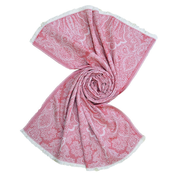 lightweight reversible style cotton scarf with damask pattern in pale red color