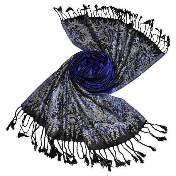 Royal blue floral design black kani jacquard shawl/hijab in pure viscose