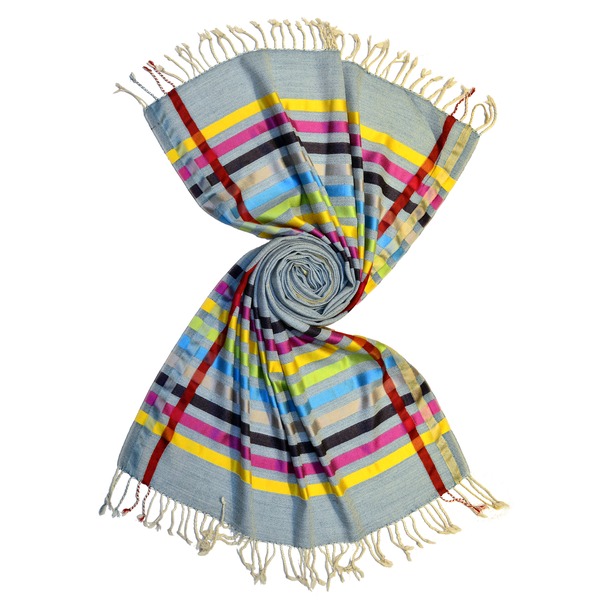 blue merino wool scarf with shiny silk stripes by scarf manufacturer in india