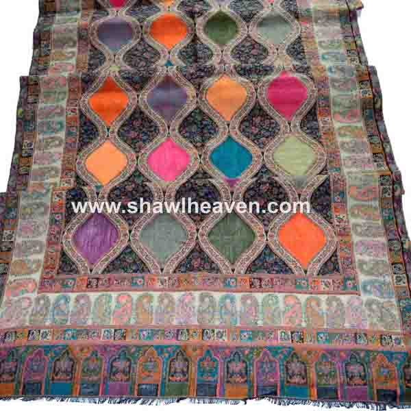 Ethnic paisley border with multicolor hourglass cutwork kani woven jamavar large shawl wrap