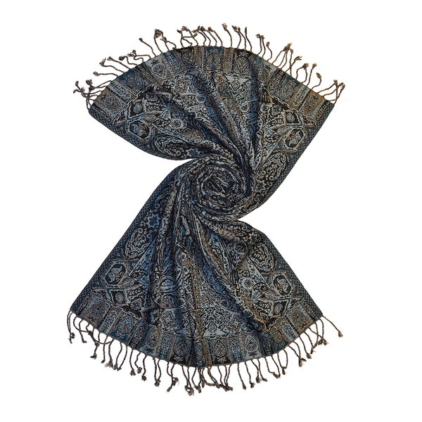 Black/blue wool jacquard scarf made in india